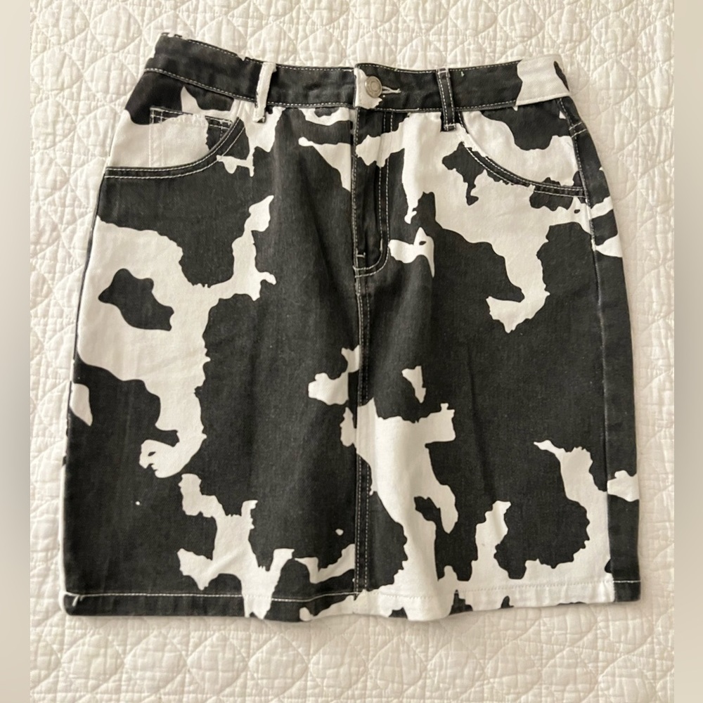 Cow Animal Print Denim Crop black white Mini Skirt UO Urban Outfitters